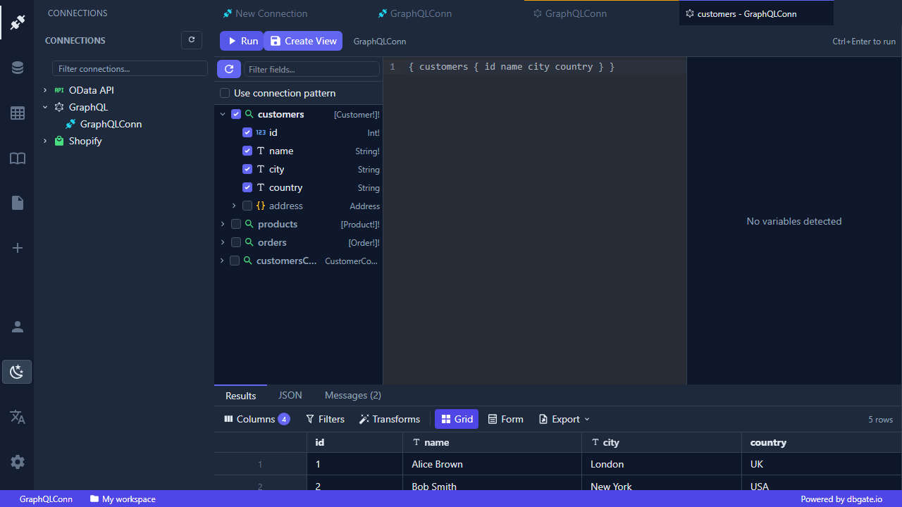 DbGate Central - query a GraphQL API