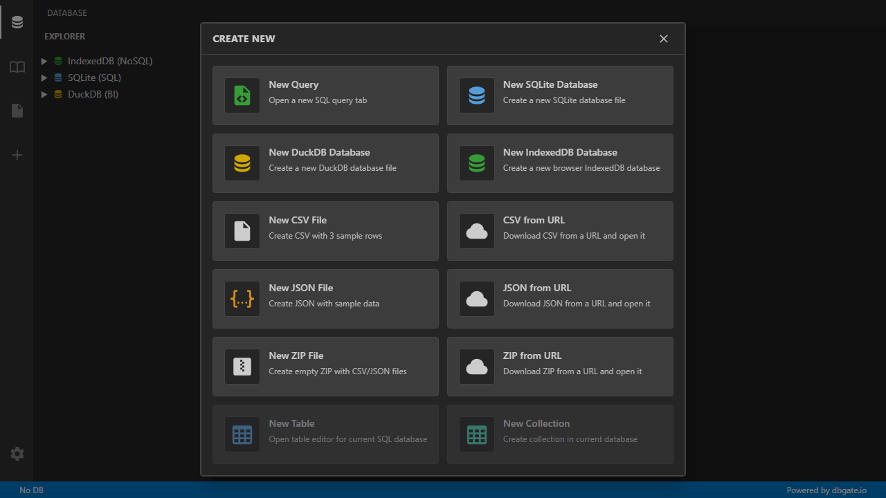 DbGate Lite - Create Dialog
